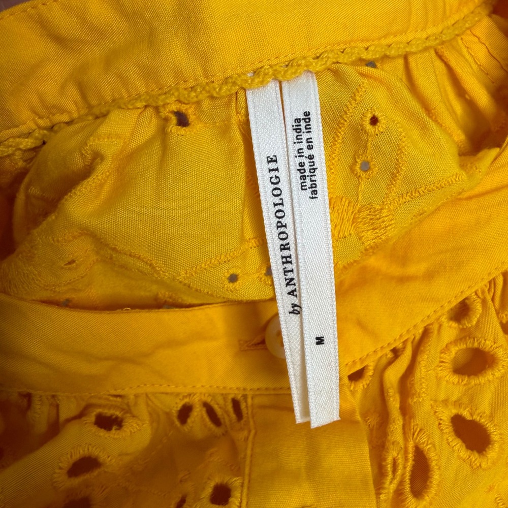Anthropologie Yellow Eyelet Lace Tiered Midi Dress Puff Sleeve Button Front M - Picture 6 of 10